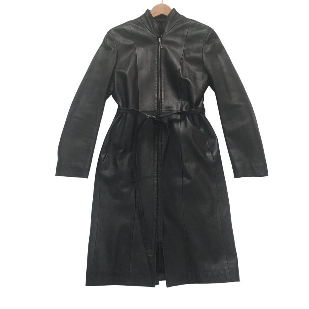 Vintage Black Leather Long Coat With Belt & Zipper Closure